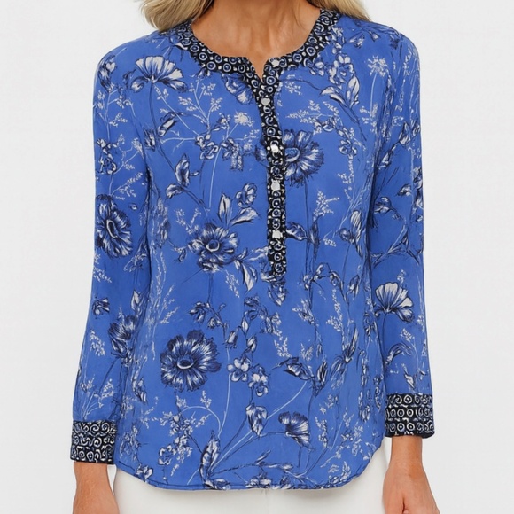 Talbots Blouse Popover Chiffon Floral Blue Long Sleeve Small - Picture 1 of 11